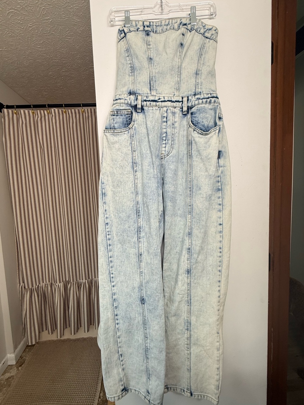 PrettyLittleThing Light Blue Denim Strapless Jumpsuit